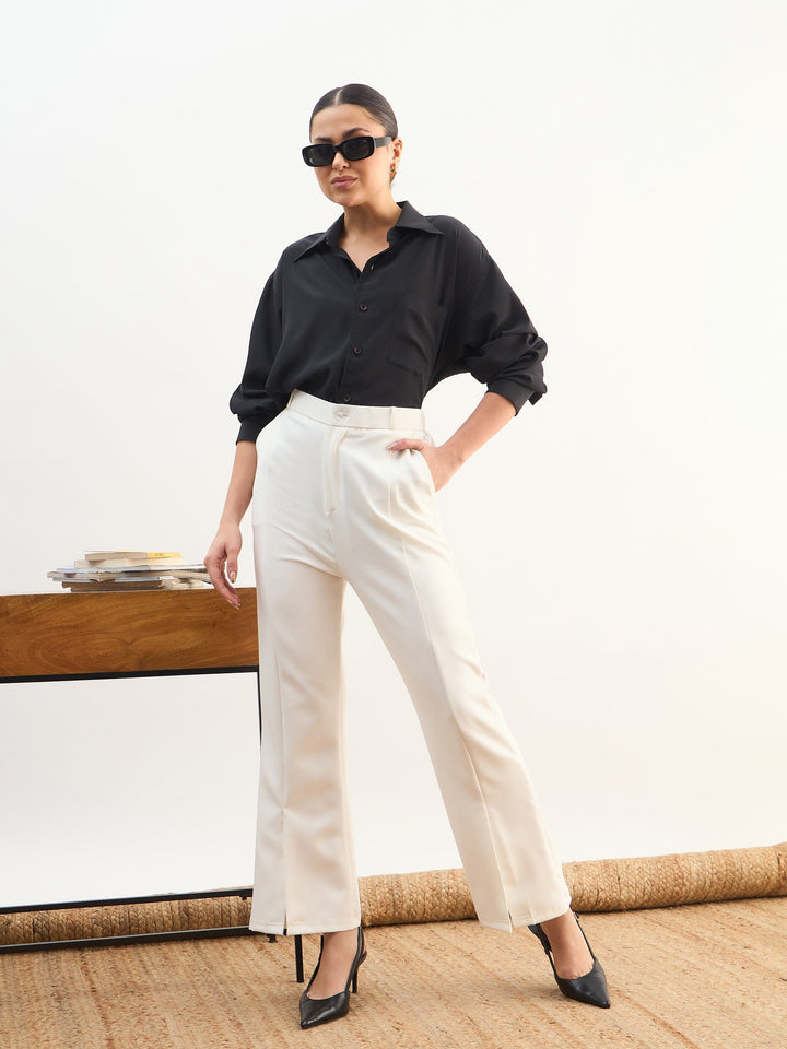 Women White Front Slit Bellbottom Pants