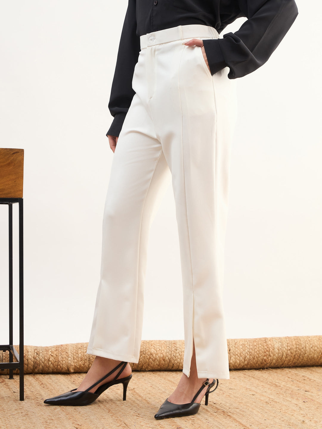 Women White Front Slit Bellbottom Pants