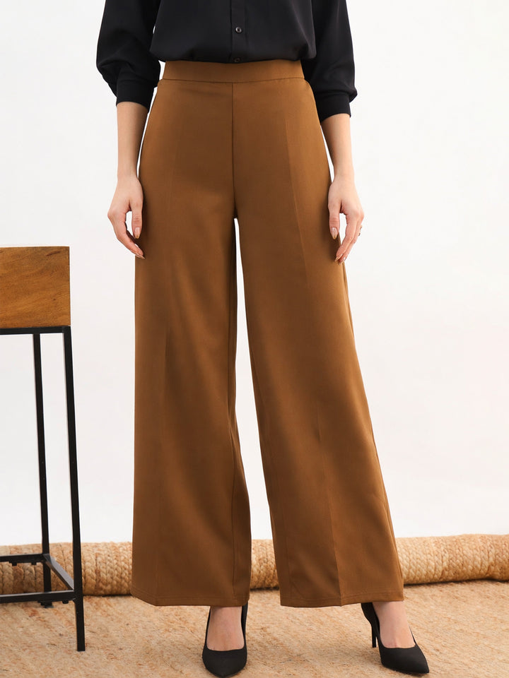 Women Tan Brown Elasticated Straight Fit Pants