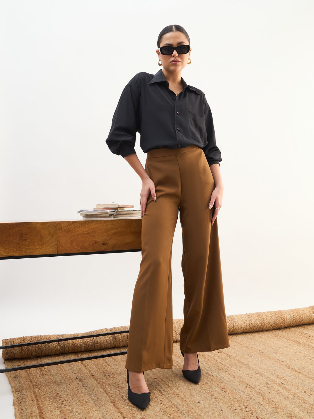 Women Tan Brown Elasticated Straight Fit Pants