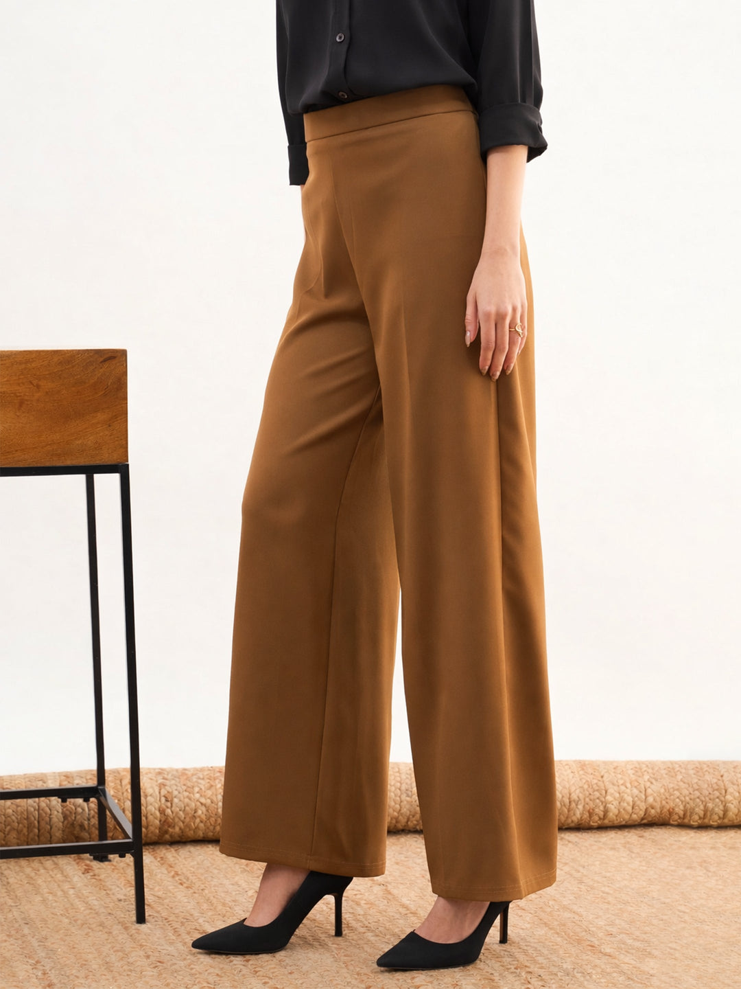Women Tan Brown Elasticated Straight Fit Pants