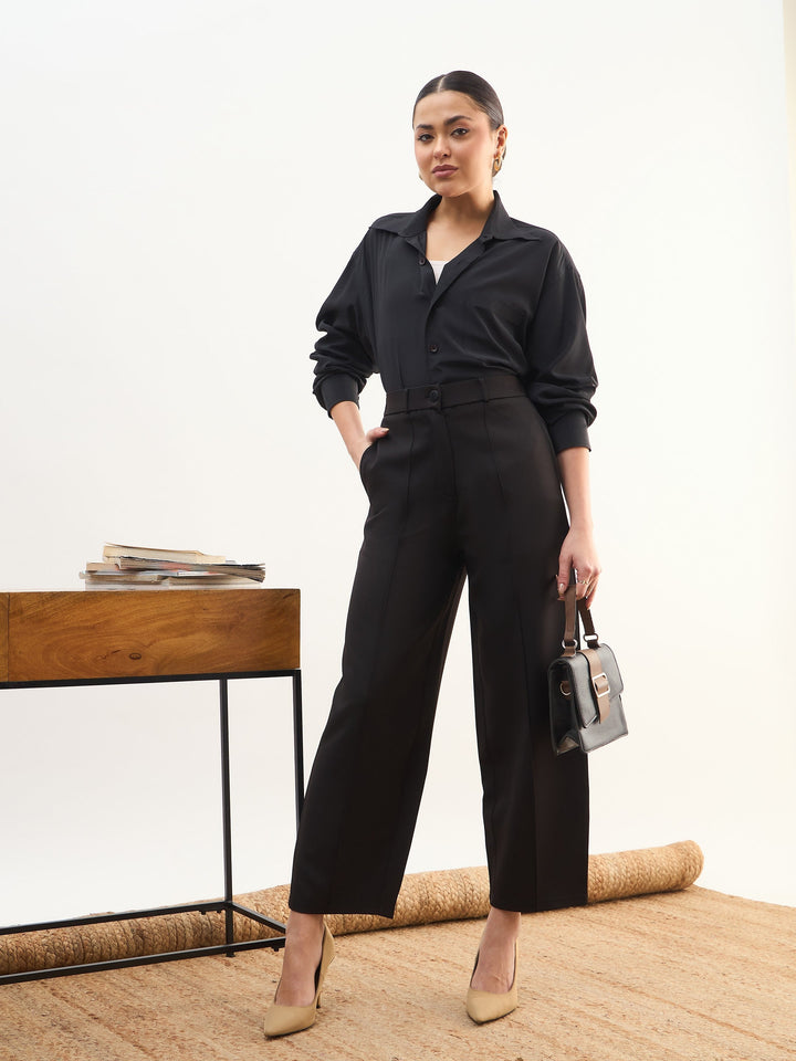 Women Black Darted Slouchy Pants