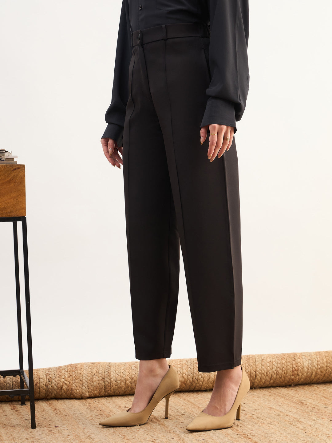 Women Black Darted Slouchy Pants