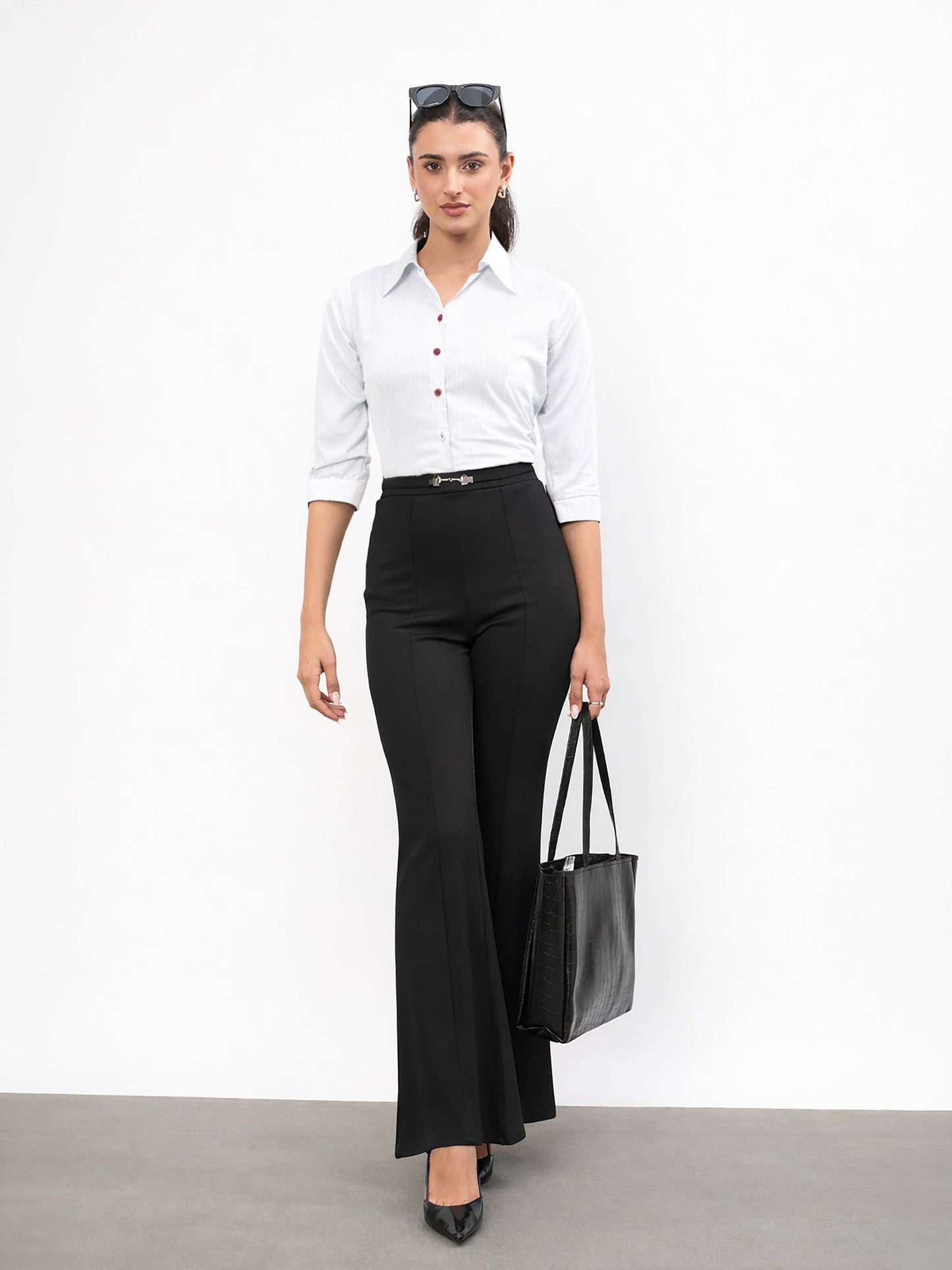 Black Front Metal Trim Bell Bottom Pants