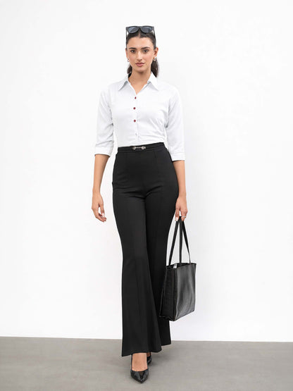 Black Front Metal Trim Bell Bottom Pants