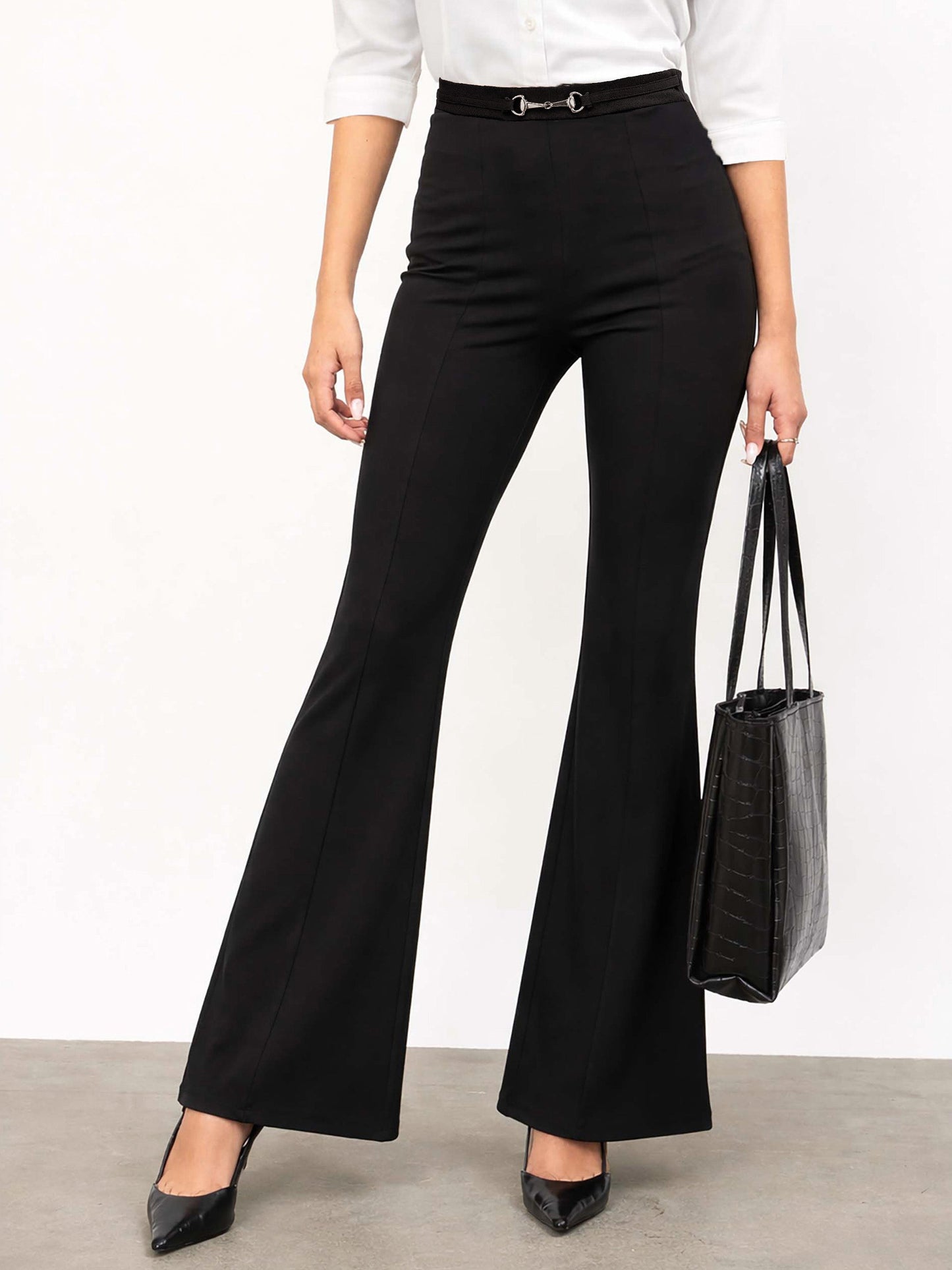 Black Front Metal Trim Bell Bottom Pants