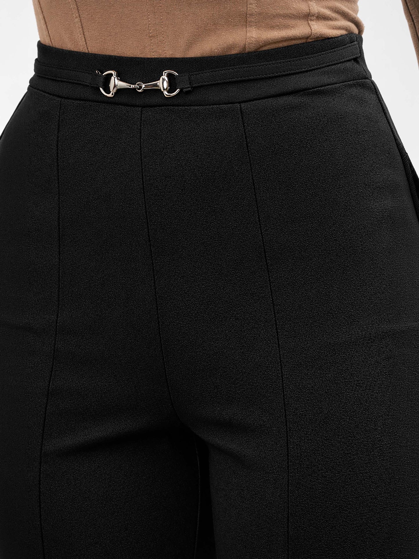 Black Front Metal Trim Bell Bottom Pants