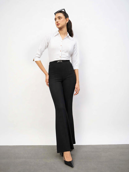 Black Front Metal Trim Bell Bottom Pants