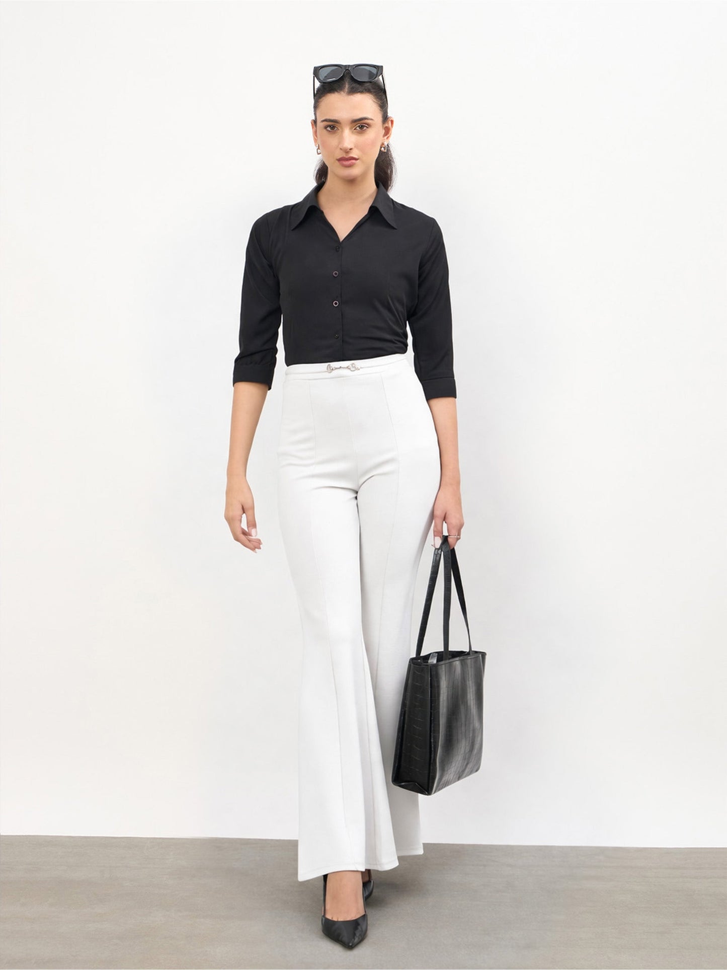 White Front Metal Trim Bell Bottom Pants