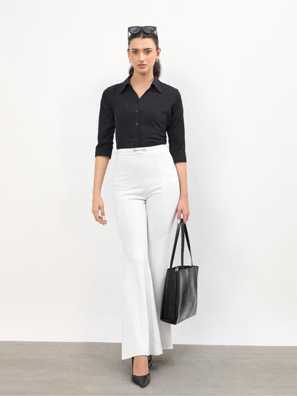 White Front Metal Trim Bell Bottom Pants