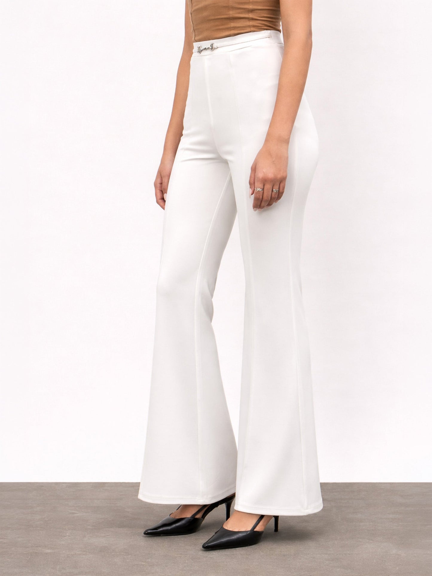 White Front Metal Trim Bell Bottom Pants
