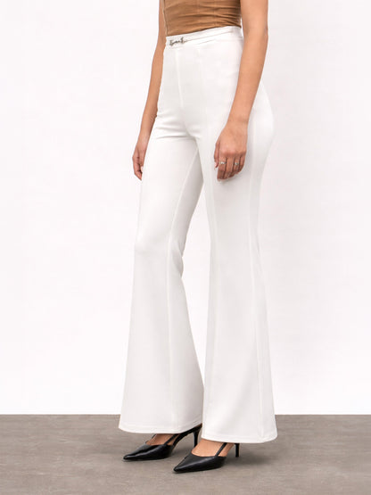 White Front Metal Trim Bell Bottom Pants