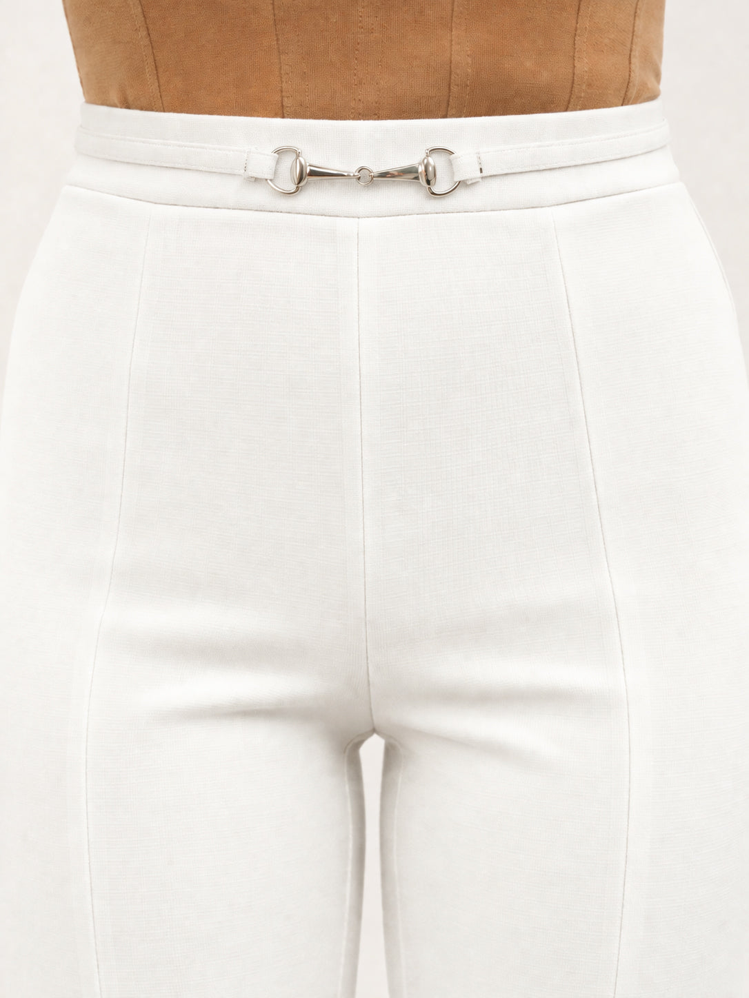 White Front Metal Trim Bell Bottom Pants