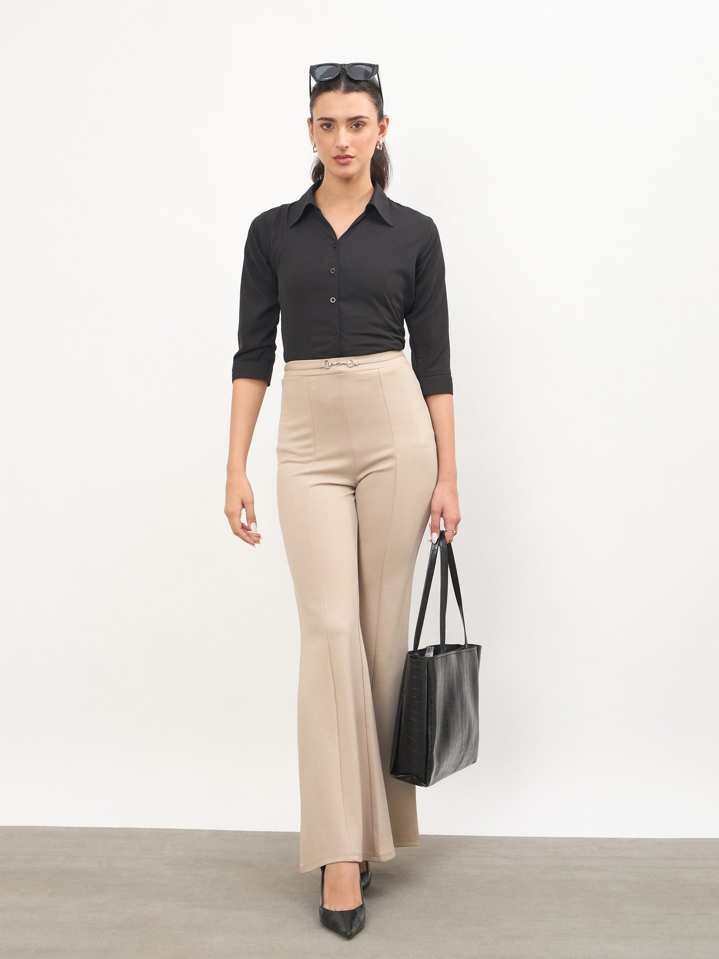 Beige Front Metal Trim Bell Bottom Pants