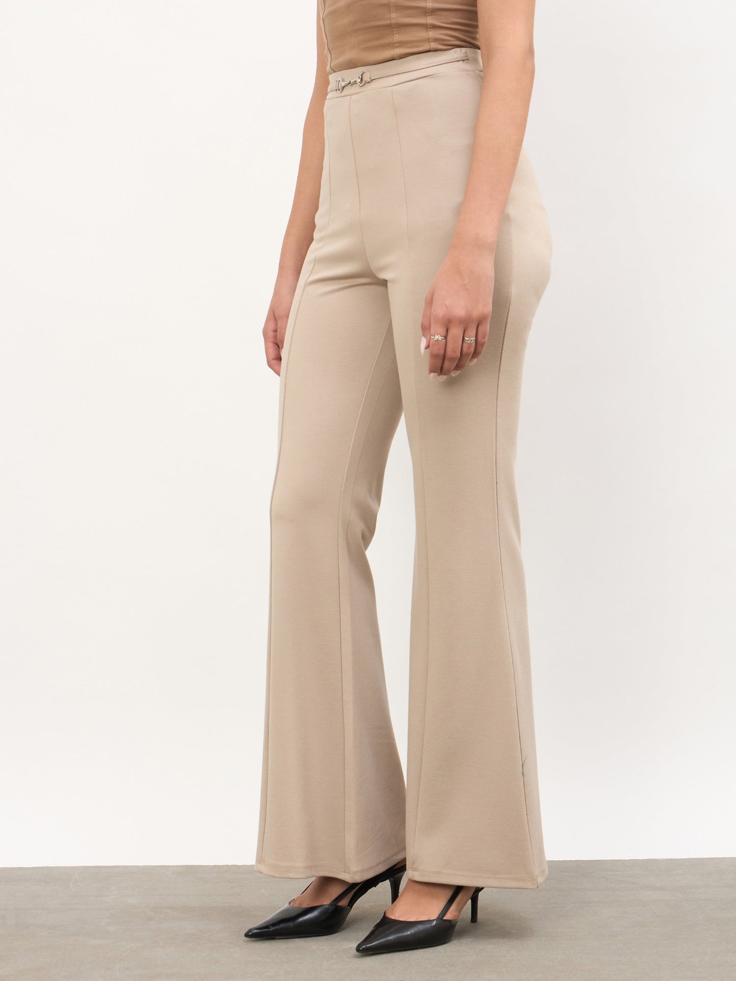Beige Front Metal Trim Bell Bottom Pants