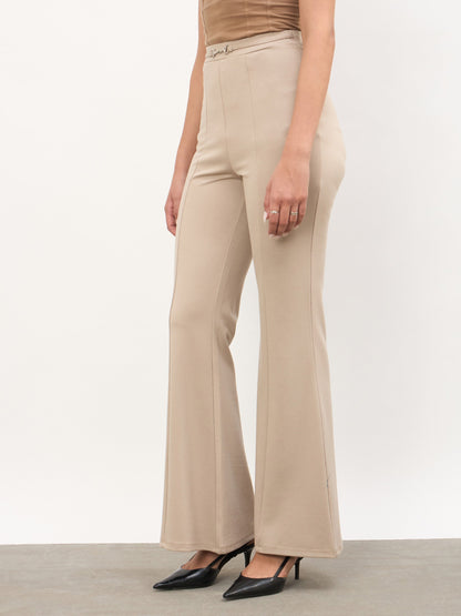 Beige Front Metal Trim Bell Bottom Pants