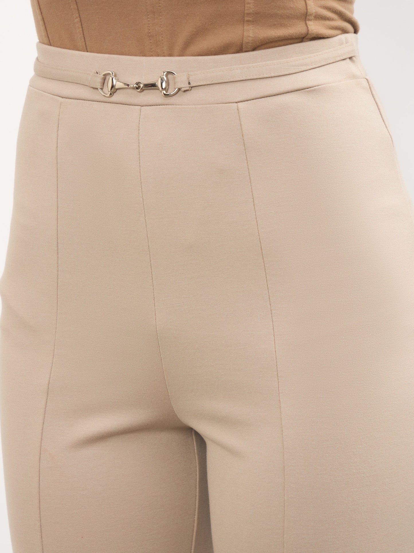 Beige Front Metal Trim Bell Bottom Pants