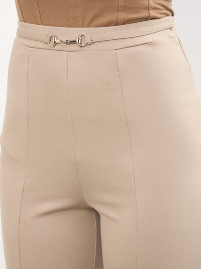 Beige Front Metal Trim Bell Bottom Pants