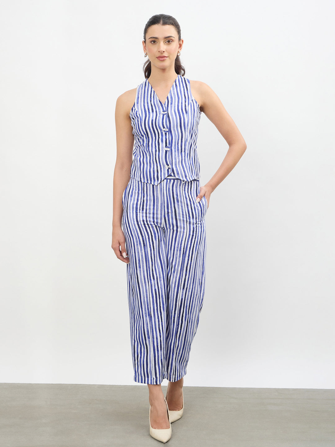 Blue Linen Striped Darted Slouchy Pants
