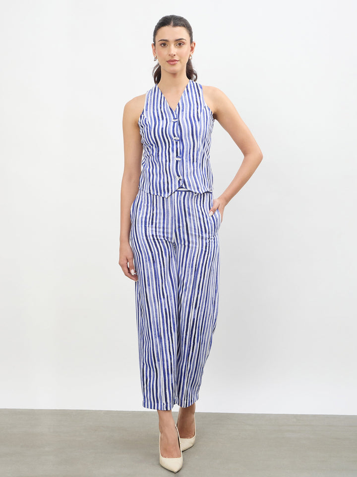 Blue Linen Striped Darted Slouchy Pants
