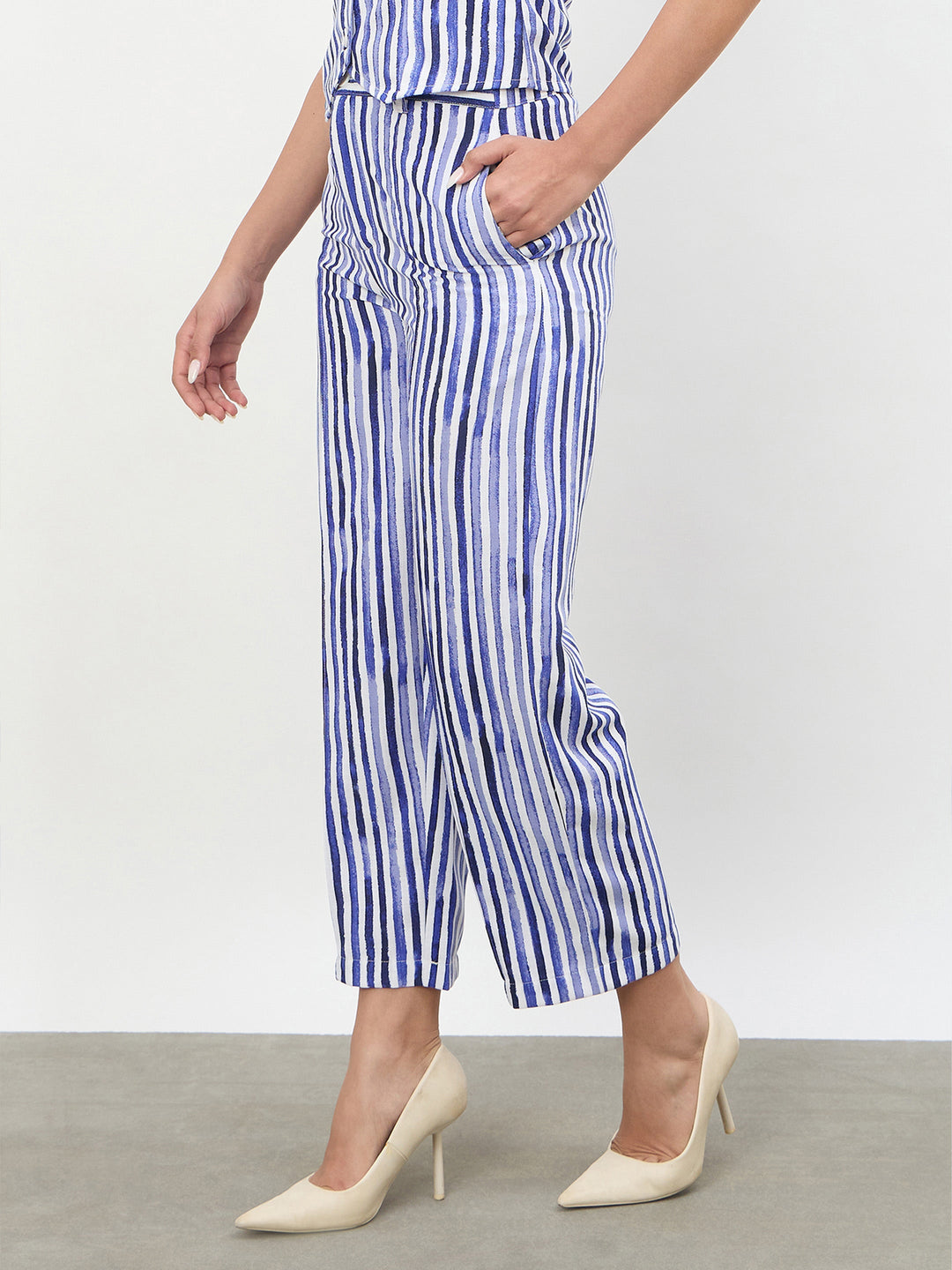 Blue Linen Striped Darted Slouchy Pants