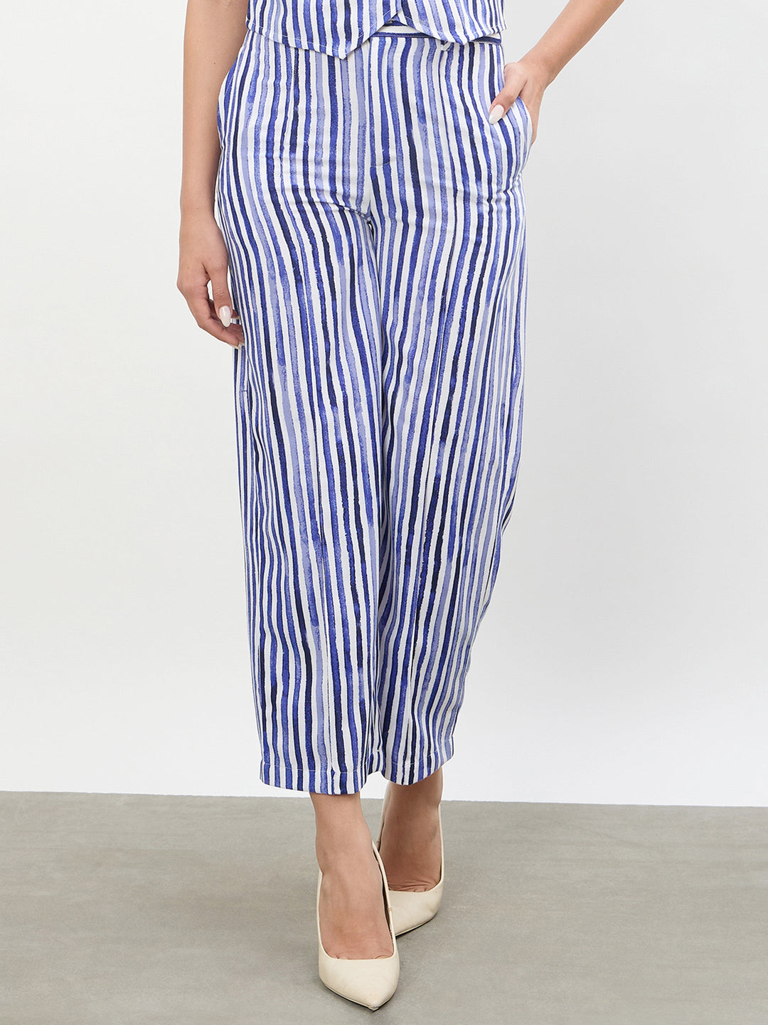 Blue Linen Striped Darted Slouchy Pants