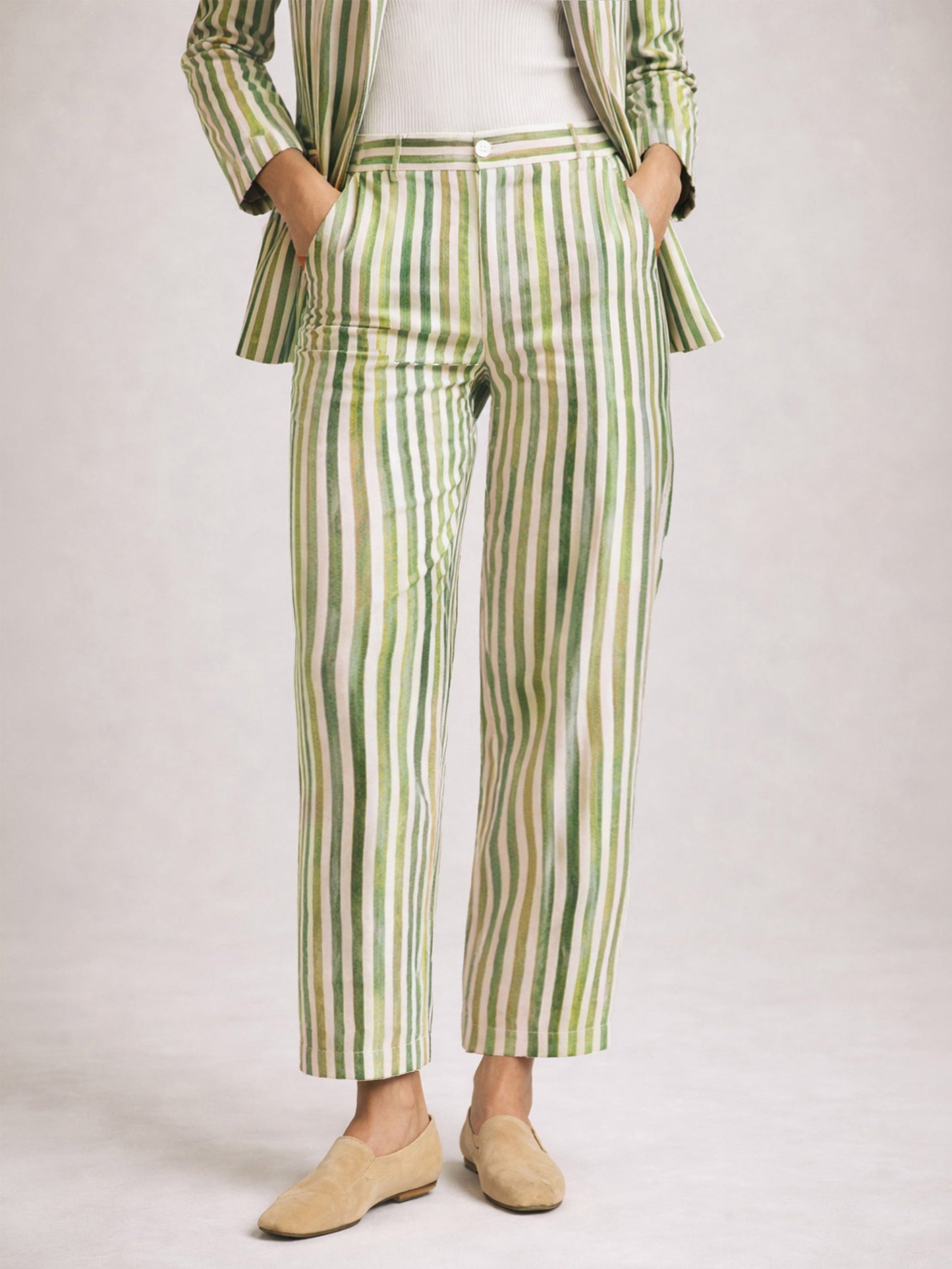 Green Linen Striped Darted Slouchy Pants