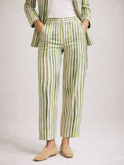 Green Linen Striped Darted Slouchy Pants