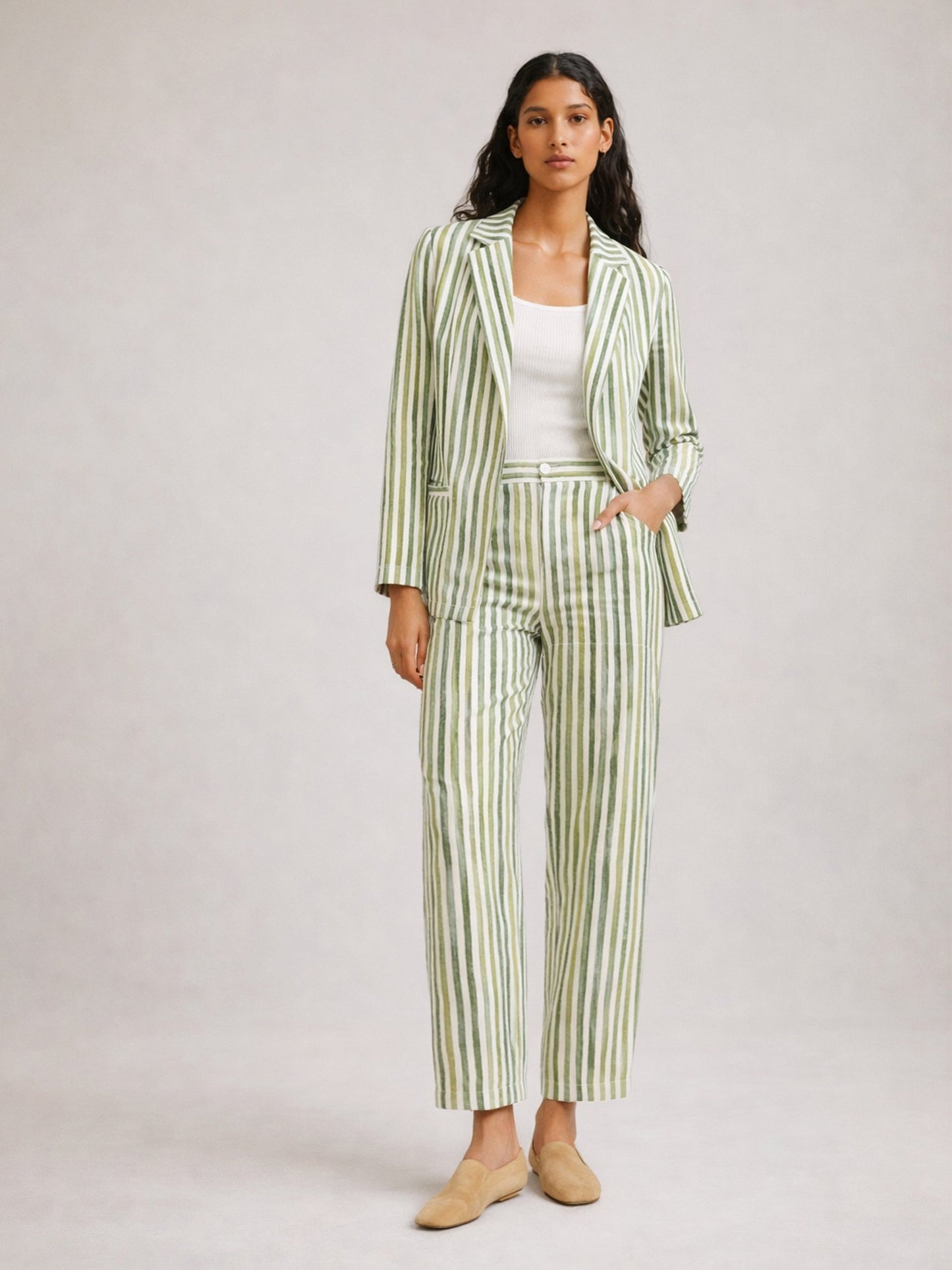 Green Linen Striped Darted Slouchy Pants
