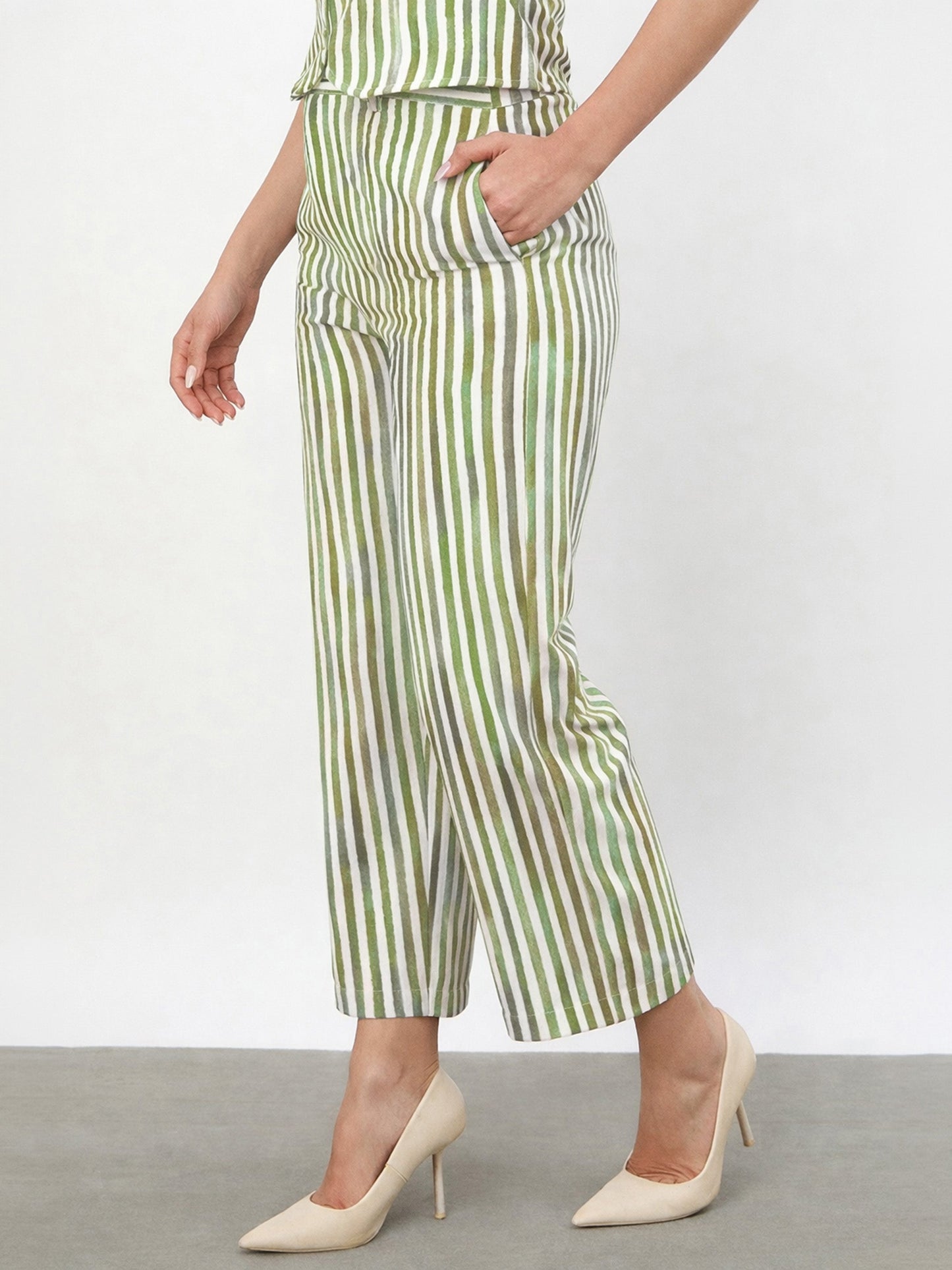 Green Linen Striped Darted Slouchy Pants