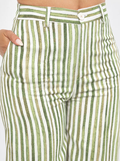 Green Linen Striped Darted Slouchy Pants
