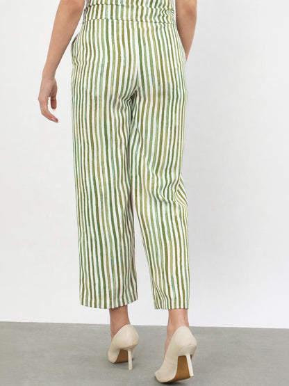 Green Linen Striped Darted Slouchy Pants