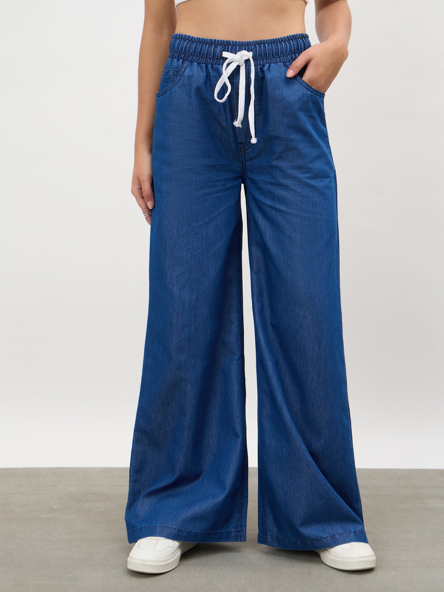 Navy Elasticated Tencel Straight Pants
