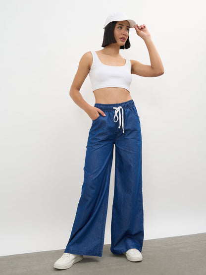 Navy Elasticated Tencel Straight Pants