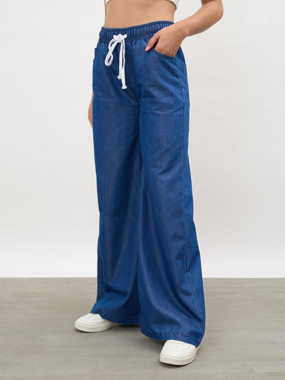Navy Elasticated Tencel Straight Pants