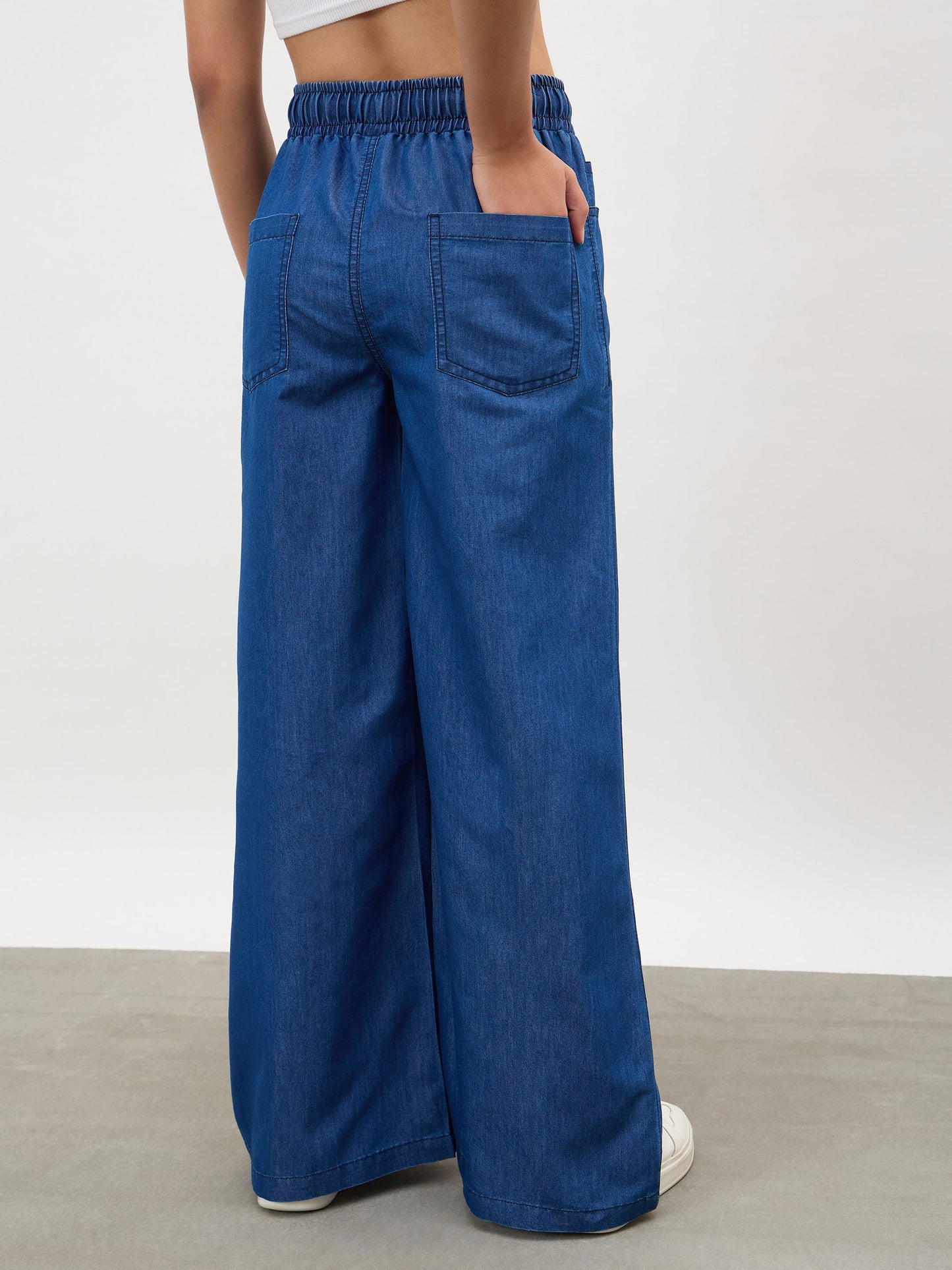 Navy Elasticated Tencel Straight Pants