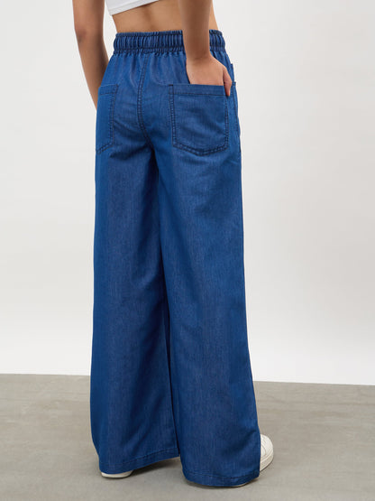 Navy Elasticated Tencel Straight Pants