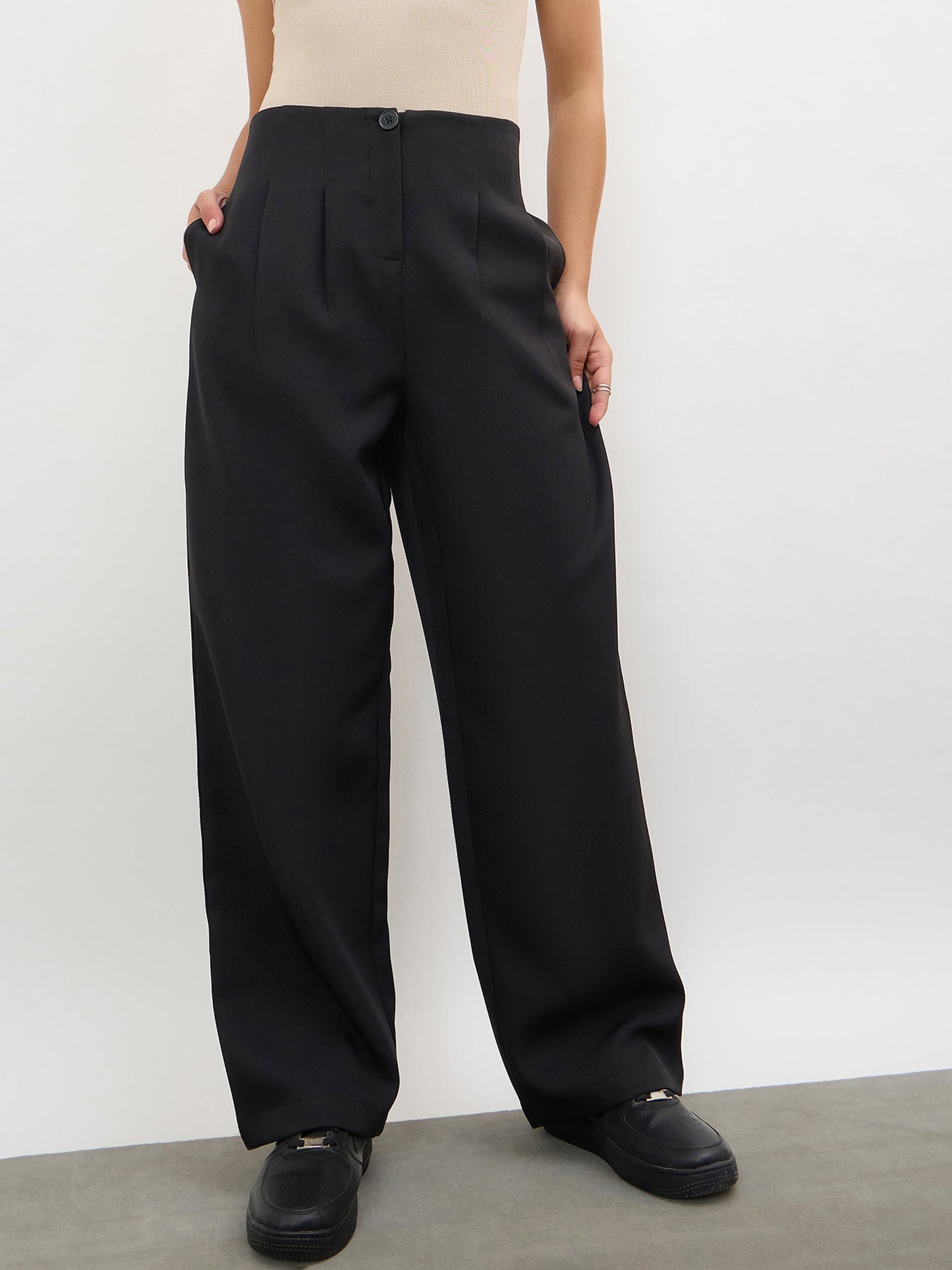 Black Dual-Dart No-waistband Mid Rise Korean Pants