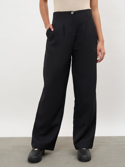 Black Dual-Dart No-waistband Mid Rise Korean Pants