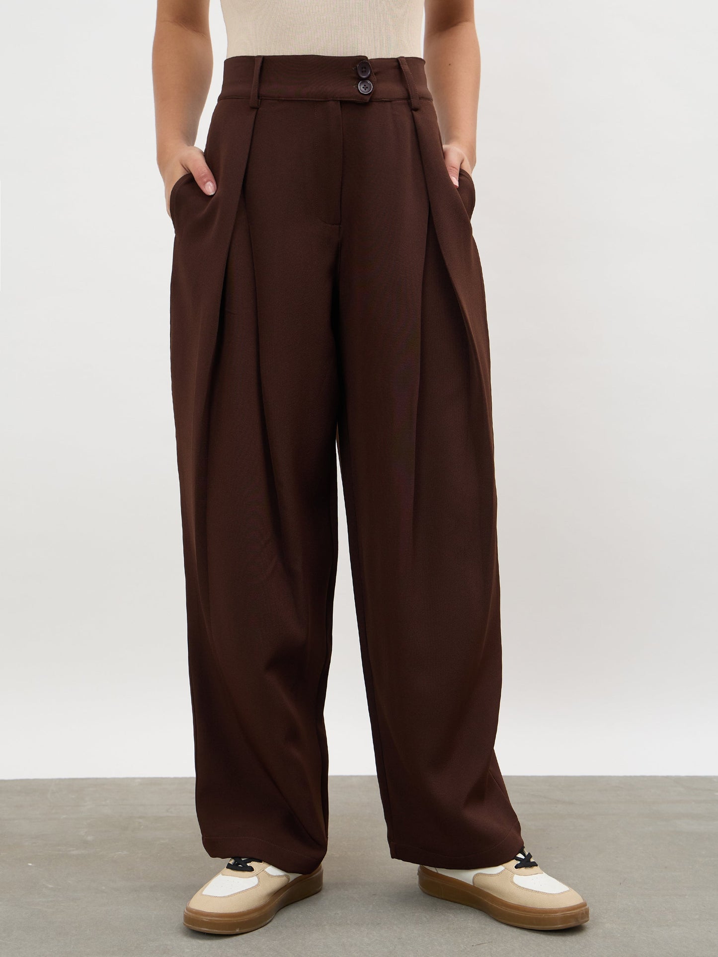 Dark Brown Overlapping Pleats Korean Pants