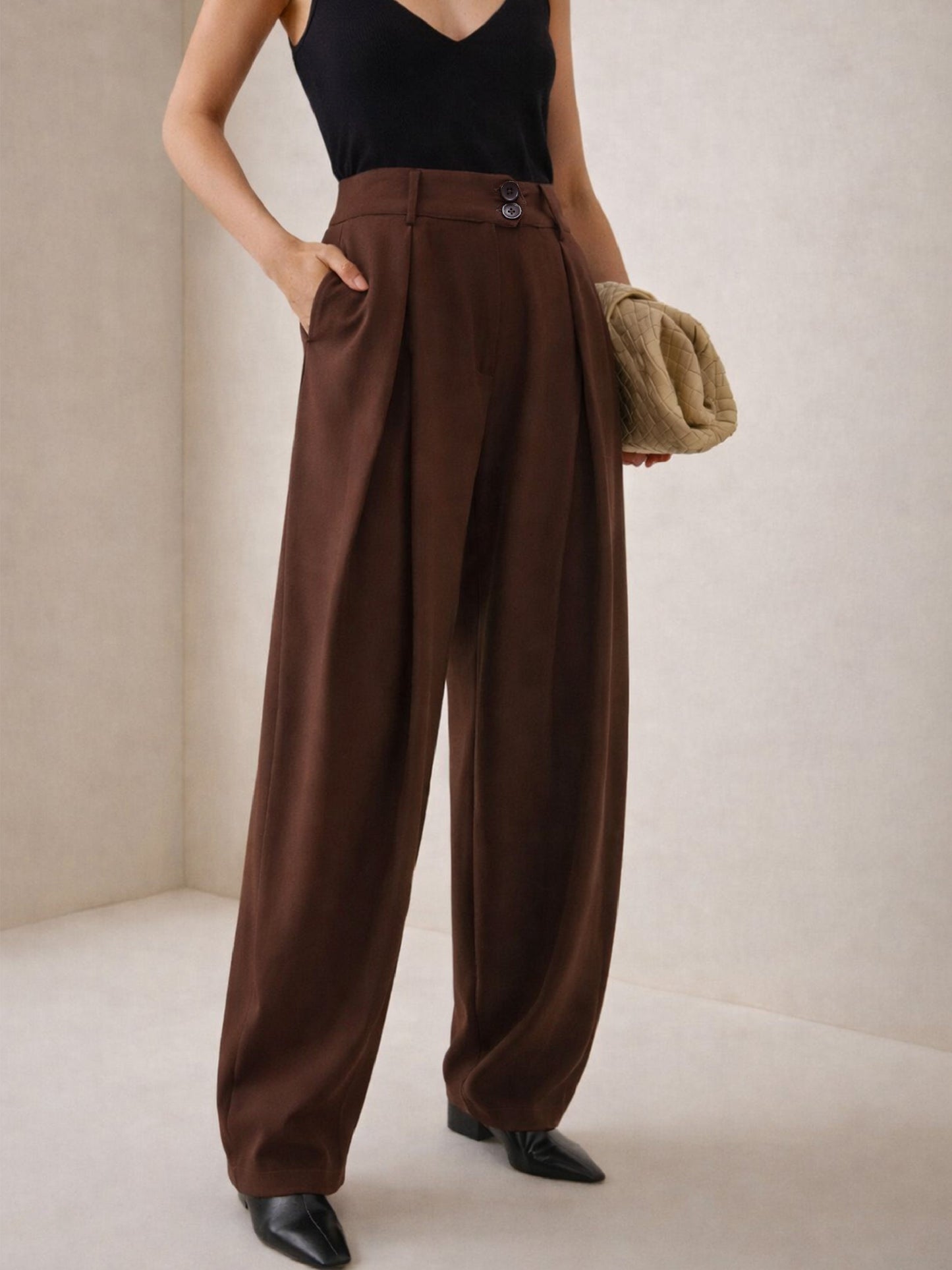 Dark Brown Overlapping Pleats Korean Pants
