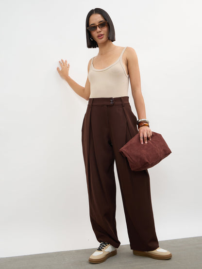 Dark Brown Overlapping Pleats Korean Pants