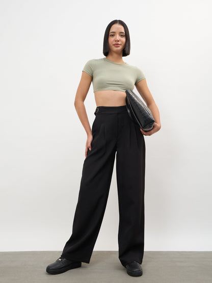 Black Double Waist Adjuster Korean Pants