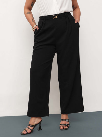Black Front Metal Mock Belted Straight Pants