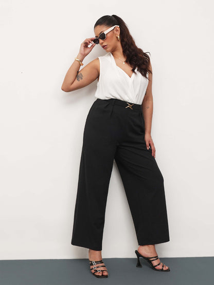 Black Front Metal Mock Belted Straight Pants