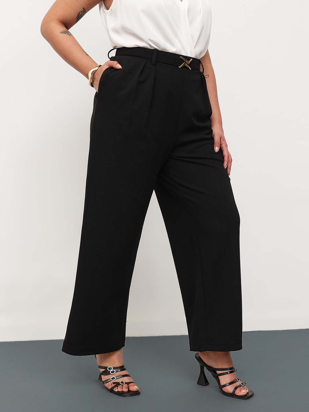 Black Front Metal Mock Belted Straight Pants