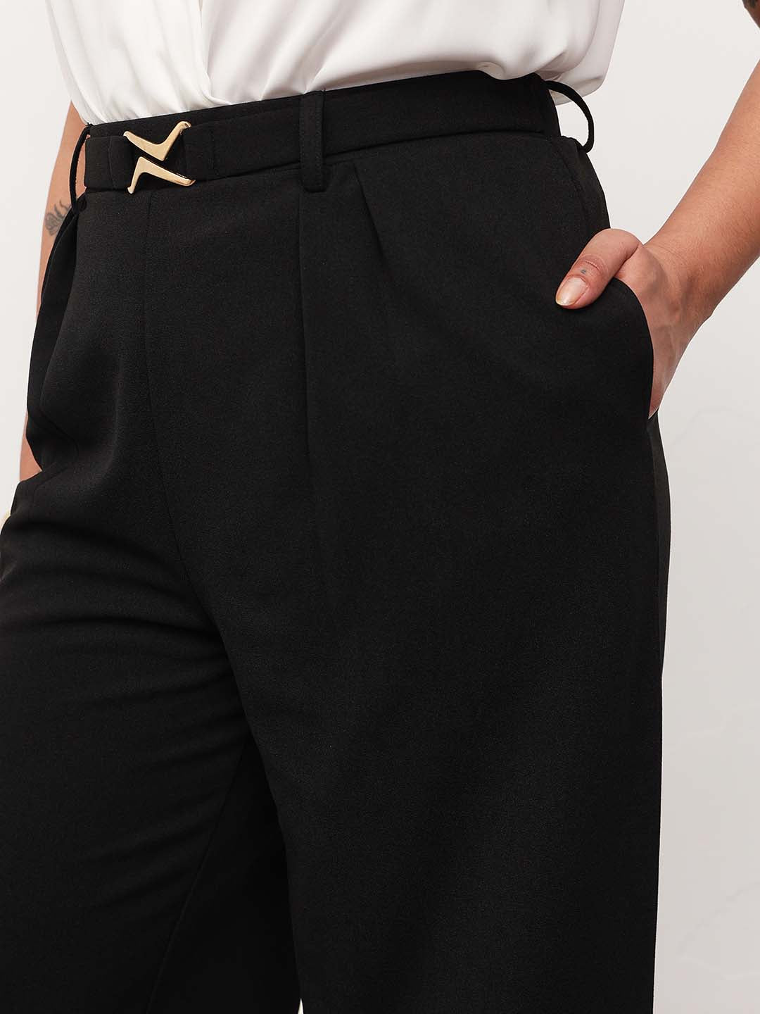 Black Front Metal Mock Belted Straight Pants