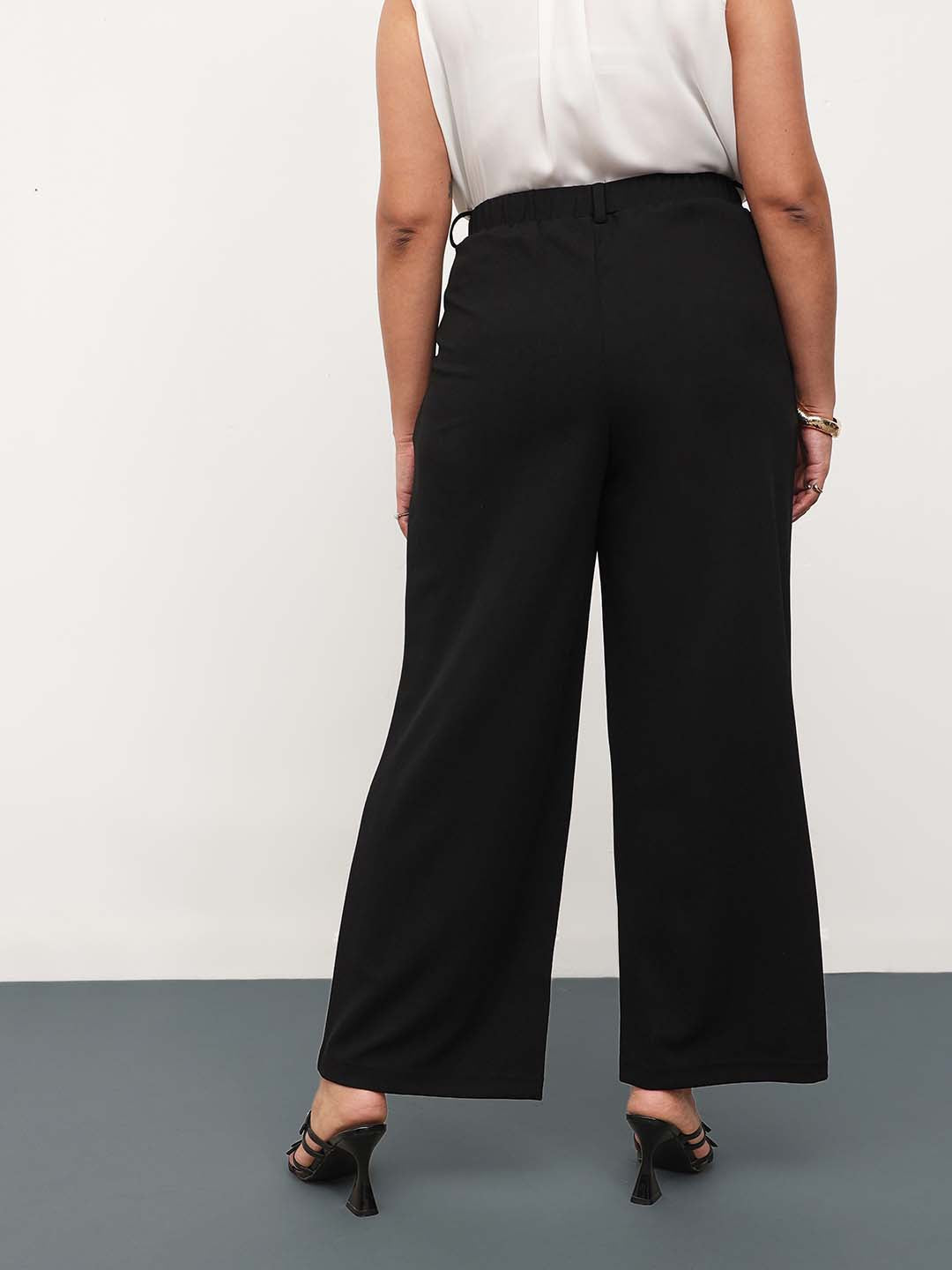 Black Front Metal Mock Belted Straight Pants