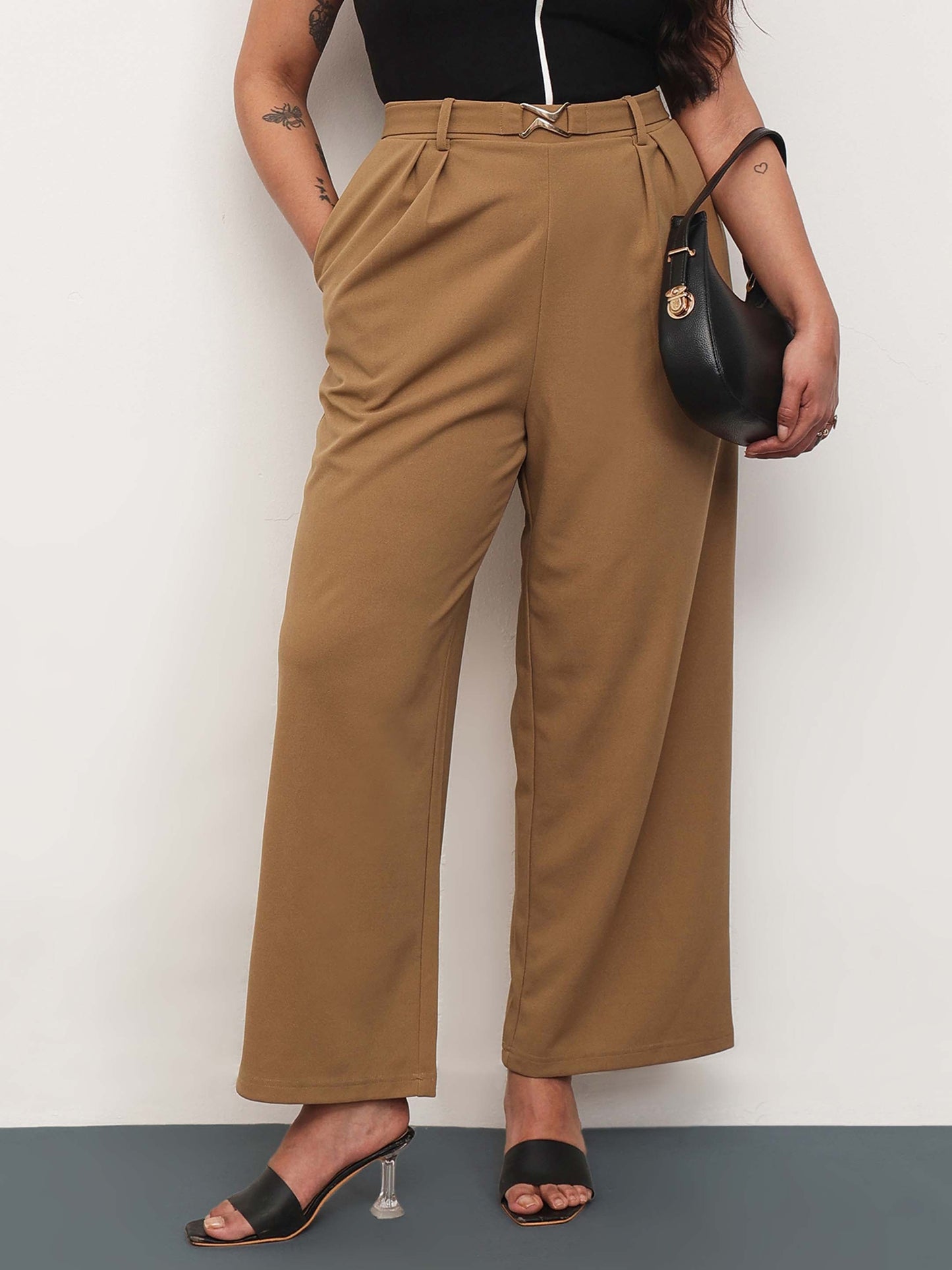 Beige Front Metal Mock Belted Straight Pants
