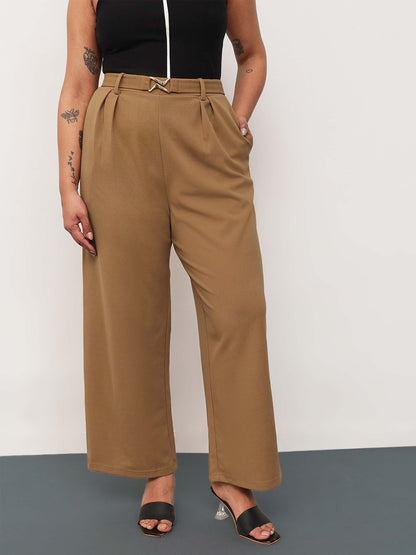 Beige Front Metal Mock Belted Straight Pants
